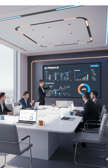 Modern boardroom meeting with PYRANA AI analytics dashboard
